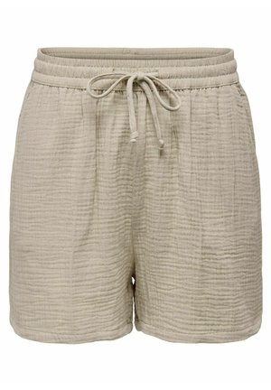 Beige tekstuuriga lühikesed püksid, mis on valmistatud kergest materjalist. Omavad elastset vööd koos nööriga ja õmmeldud detailidega.