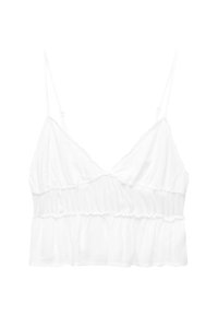 Top corto bianco con sottili spalline regolabili, caratterizzato da una texture di tessuto arricciato e un orlo arricciato. Materiale leggero e traspirante.
