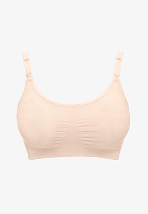 Beige BH aus glattem, dehnbarem Material, mit breiten Trägern und gerafften Details in der Mitte für zusätzlichen Halt. Verstellbare Hakenverschlüsse vorhanden.