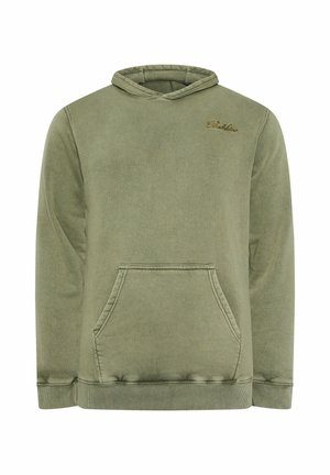 Felpa con cappuccio verde oliva con tasca kangaroo frontale e piccolo logo ricamato sul petto sinistro.