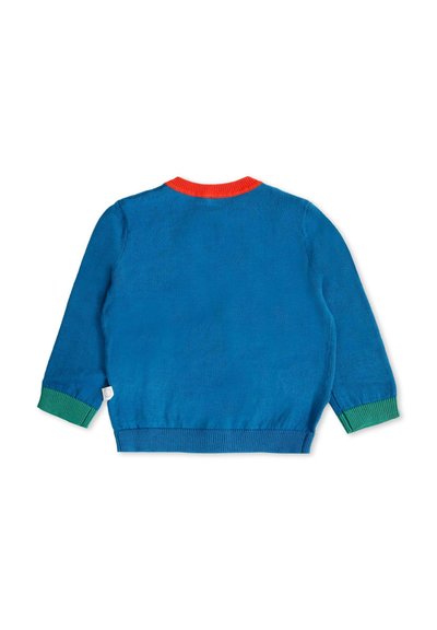 Maglione blu con collo a girocollo ribassato rosso, polsini ribassati verdi e una texture morbida. La vista posteriore mostra un design semplice e pulito.