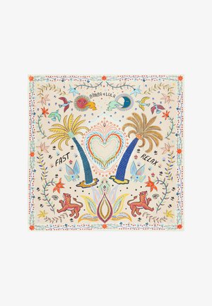 Spalvingas raštuotas šalikas, vaizduojantis palmės, gėles ir gyvūnus. Dizainas apima tekstą "GREITAI" ir "POILSIS" dekoratyvine šriftu. Minkšta medžiaga.