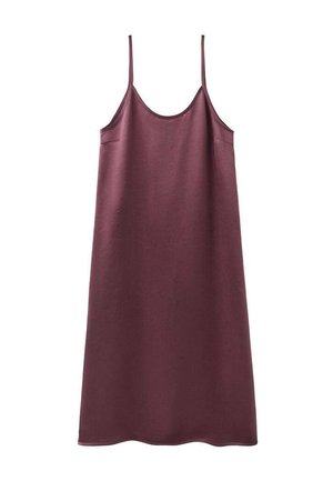 Ærmeløs slip-kjole til knæet i dyb burgunder med tynde spaghetti-stropper og rund halsudskæring på hvid baggrund.