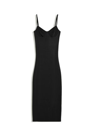 Abito midi nero aderente con sottili spalline doppie e busto strutturato, mostrato su sfondo bianco.