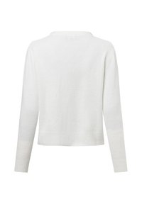 Weißer Pullover mit langen Ärmeln und rundem Ausschnitt, aus strukturiertem Stoff mit gerippten Bündchen und Saum; einfaches, ungeschmücktes Design.