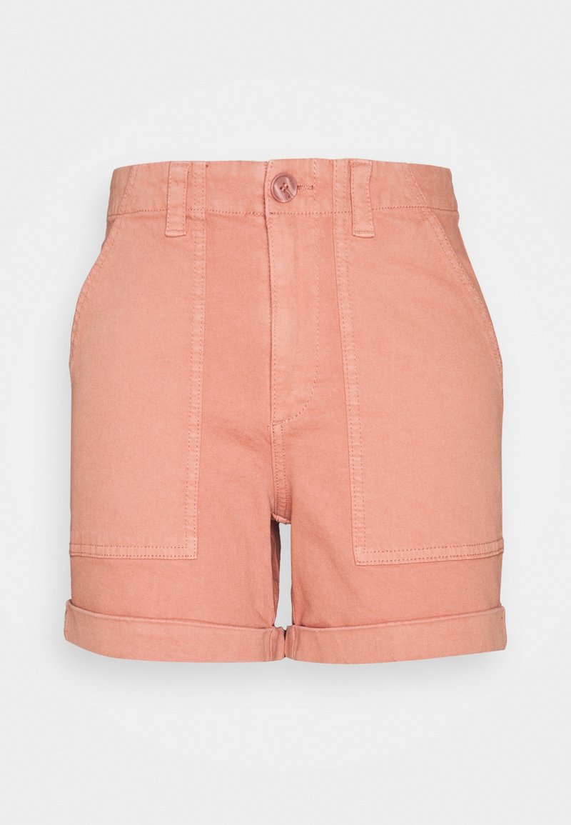 Růžové bavlněné šortky s vysokým pasem, ohrnutým lemem a dvěma předními kapsami. Mají přední zapínání na knoflík a zip s poutky na opasek.