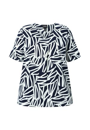 Korte mouwen navyblauwe top met wit abstract zigzagpatroon en V-hals.
