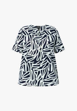 Korte mouwen navyblauwe top met wit abstract zigzagpatroon en V-hals.