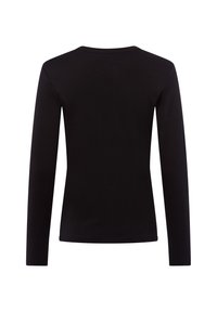 Schwarzes Langarmhemd aus glattem Stoff, mit einem einfachen Rundhalsausschnitt und ohne sichtbare Muster oder Verzierungen.