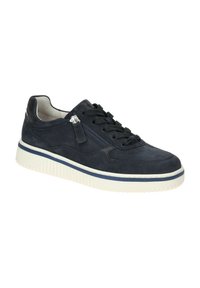 Navy suede sneaker with a white rubber sole, featuring a lace-up design, side zipper, and contrasting blue accent on the sole.
