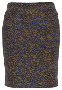 Jupe crayon imprimé léopard bleu et marron avec taille ajustée et ourlet droit, longueur genou ou légèrement au-dessus.