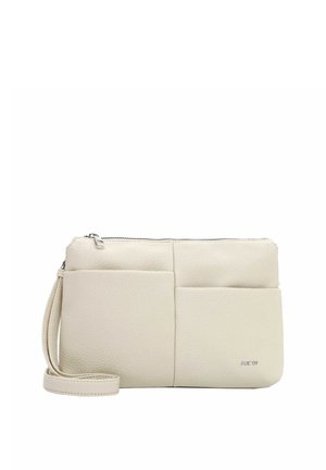 Petit porte-poignet en cuir beige avec deux poches avant, fermeture éclair et bandoulière amovible, marqué du texte "RUE 09" en bas à droite.