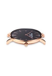 Rose gold watch with a black dial, minimalistic design, markers for hours, and a round case. Features a crown on the side for adjustments.