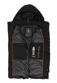 Giacca a vento nera con dettagli arancioni, dotata di chiusura con zip e bottoni a pressione, tasche interne e foderato con motivo. Include etichette di cura.
