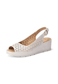 Sandali wedge di colore grigio chiaro con design floreale tagliato al laser, punta aperta, cinturino slingback e suola testurizzata per il comfort. Suola in gomma.