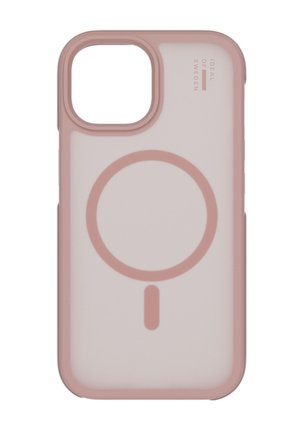 Pink gennemsigtigt telefoncover med cirkulært MagSafe-ringdesign og kameraklip, mærket "Ideal of Sweden" i øverste højre hjørne.