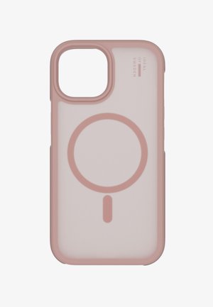 Coque de téléphone rose translucide avec anneau circulaire MagSafe et découpe pour la caméra, étiquetée « Ideal of Sweden » en haut à droite.
