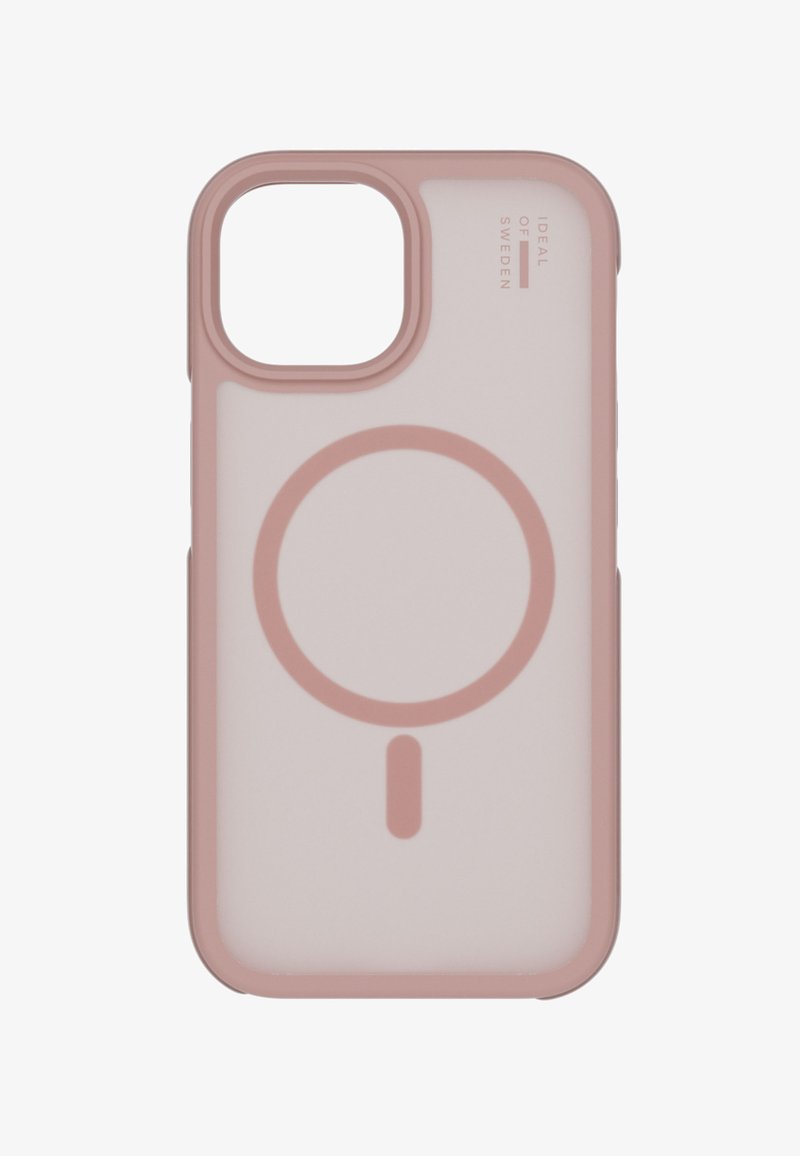 Pink gennemsigtigt telefoncover med cirkulært MagSafe-ringdesign og kameraklip, mærket "Ideal of Sweden" i øverste højre hjørne.