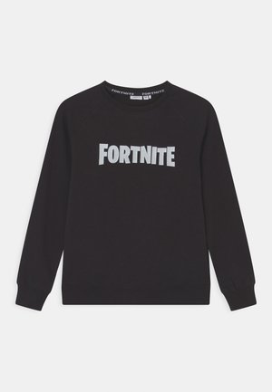 Schwarzer Sweatshirt mit Raglanärmeln, das vorn ein auffälliges "FORTNITE"-Logo in Silber zeigt. Hergestellt aus einem Baumwollmischgewebe.