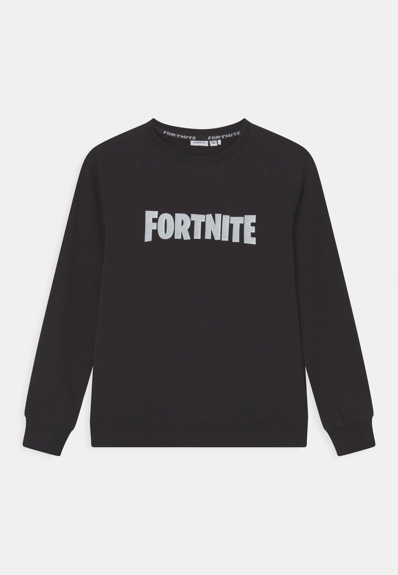 Sweat-shirt noir à manches raglan, arborant un logo "FORTNITE" argenté bien visible sur le devant. Confectionné en mélange de coton.