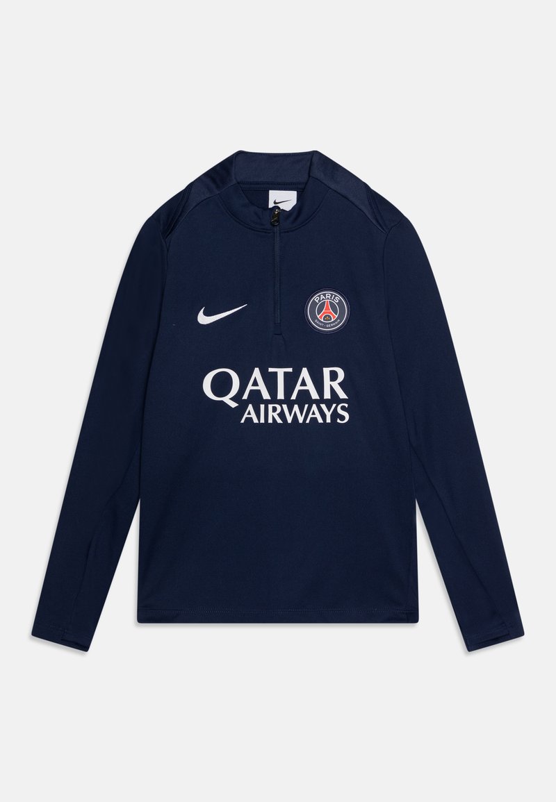 Navy long-sleeve athletic shirt with zip collar, featuring a Nike logo and Paris Saint-Germain crest, with "Qatar Airways" printed in white.