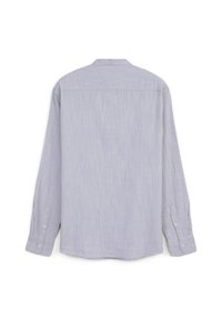 Camicia azzurra a maniche lunghe con una sottile trama, polsini con bottone e colletto classico; presenta una vestibilità dritta e cuciture rinforzate sulle spalle.