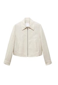 Veste courte beige clair avec fermeture éclair à l'avant, large col, manches longues et deux poches latérales fendues, présentée sur fond blanc.