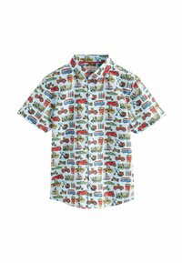 Camicia a maniche corte con bottoni di colore azzurro chiaro, con una stampa colorata di veicoli, tra cui camion, trattori e barche, con colletto.