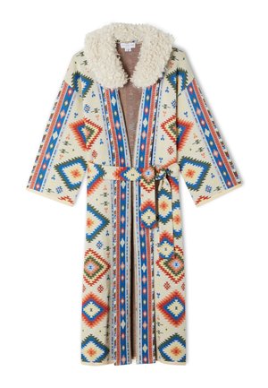 Long belted robe with colorful geometric patterns, blue and red stripes, and a large fluffy cream-colored collar.
