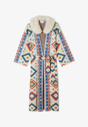 Long belted robe with colorful geometric patterns, blue and red stripes, and a large fluffy cream-colored collar.