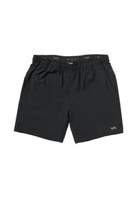 Black swim trunks made of lightweight material, featuring an elastic waistband, side pockets, and a small logo on the lower leg.