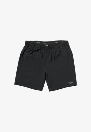 Un short de bain noir en matériau léger, doté d'une taille élastique, de poches latérales et d'un petit logo sur la jambe inférieure.