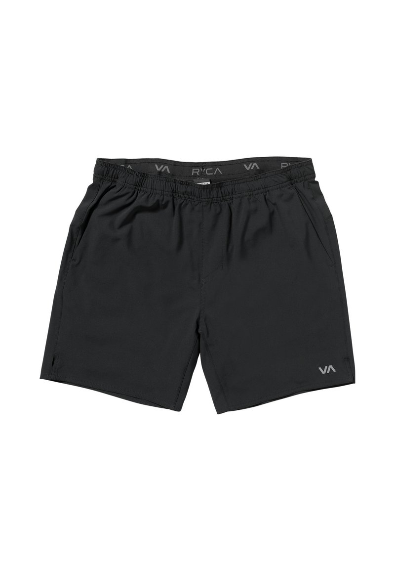 Black swim trunks made of lightweight material, featuring an elastic waistband, side pockets, and a small logo on the lower leg.
