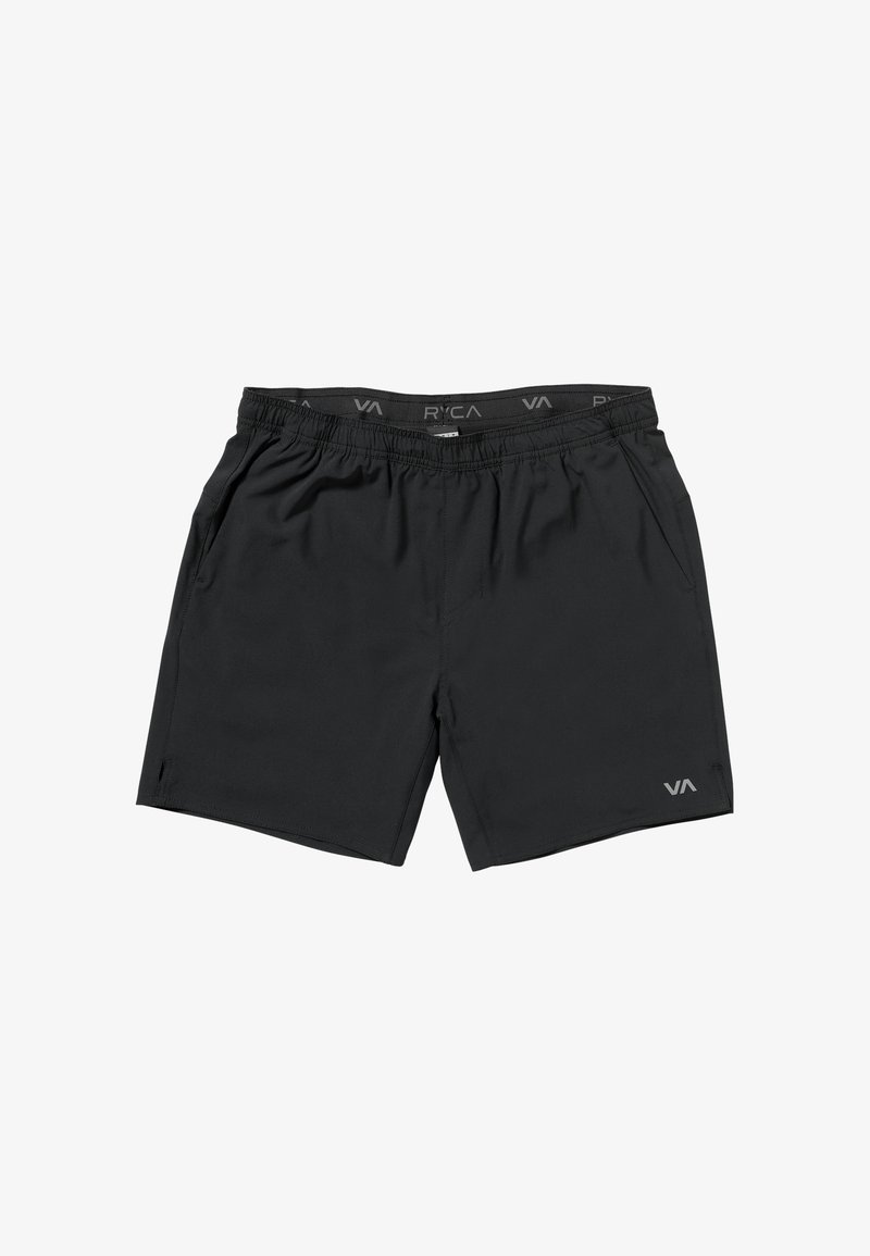 Black swim trunks made of lightweight material, featuring an elastic waistband, side pockets, and a small logo on the lower leg.