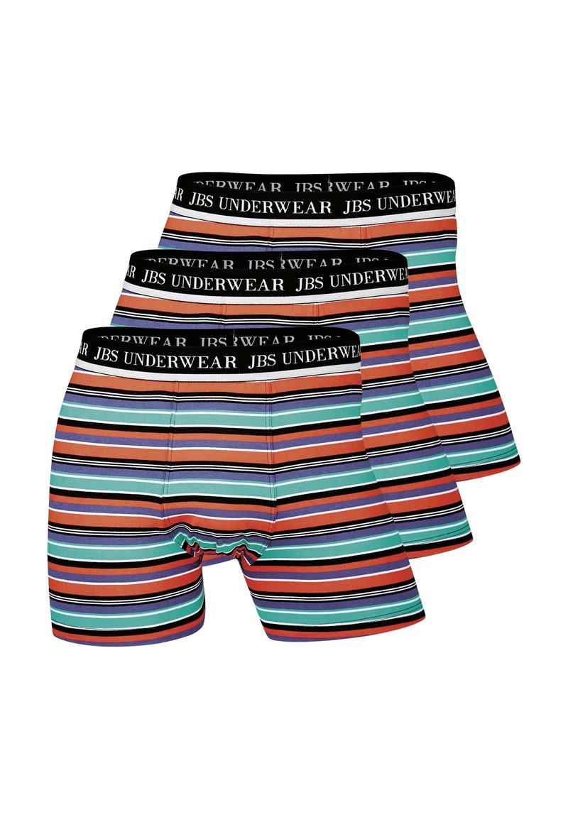 Pack of three men’s boxer briefs featuring multicolored horizontal stripes, black elastic waistband with "JBS Underwear" logo, cotton material.