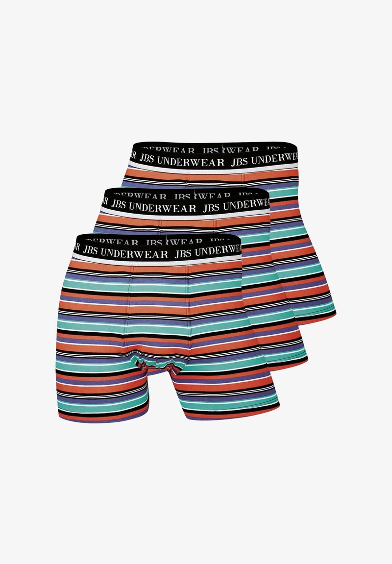 Pack of three men’s boxer briefs featuring multicolored horizontal stripes, black elastic waistband with "JBS Underwear" logo, cotton material.