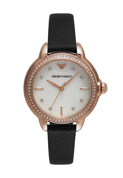 Rose gold round watch with crystal bezel, white dial with crystal hour markers, gold hands, Emporio Armani logo, and textured black leather strap.