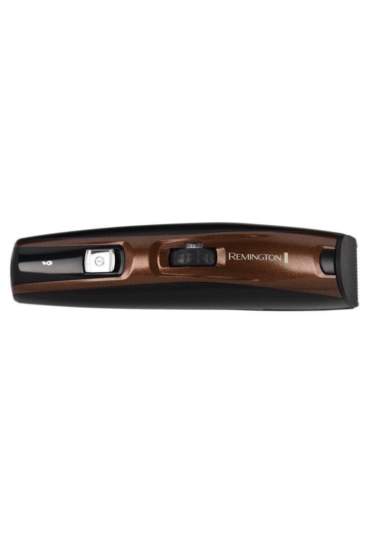 Recortadora Remington con un diseño elegante en negro y bronce. Cuenta con un botón de encendido y control de longitud ajustable para versatilidad en el arreglo.