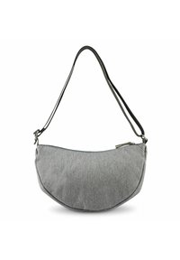 Bolso de hombro de tela gris con un diseño curvado, que presenta una textura suave y una sola correa ajustable. Acento de cremallera metálica.