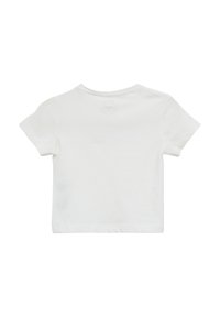 Weißes Baumwoll-T-Shirt mit kurzen Ärmeln, rundem Ausschnitt und glatter Textur. Auf der Rückseite keine sichtbaren Muster oder Grafiken.
