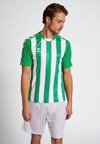 Grön- och vitrandig fotbollströja med korta ärmar, v-ringad krage och logotyp på bröstet, i kombination med vita shorts.