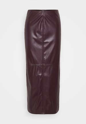Burgundy leather pencil skirt with a smooth texture, knee-length design, and subtle stitching details at the seams.