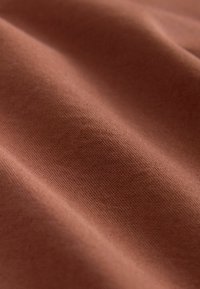 Tessuto di cotone in un colore ruggine con una superficie liscia e texture, che mostra piccole ondulazioni, dettagli finemente intrecciati e tonalità uniforme.