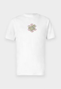 White cotton t-shirt featuring a colorful graphic with "Santa Cruz" text and circular design elements. Short sleeves and crew neck style.