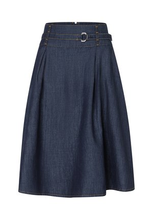 Der Jeansrock in A-Linie zeichnet sich durch eine dunkelblaue Farbe, ein plisseeartiges Design, Gürtelschlaufen und ein silbernes Schnallen-Detail aus, mit kontrastierenden Nähten entlang der Nähte.