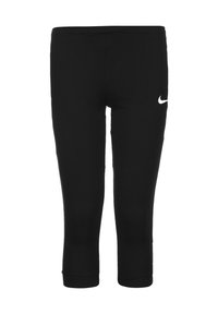 Schwarze sportliche Leggings aus elastischem Material, mittellang bis zur Wade, mit einem kleinen weißen Nike-Logo auf der linken Seite.