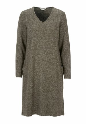 Harmaa neulemekko, jossa on V-pääntie, pitkät hihat ja kaksi sivutaskua. Ominaisuuksia ovat teksturoitu kangas ja rento istuvuus.