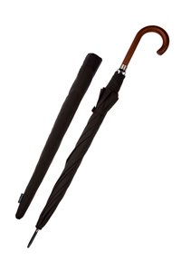 Czarny parasol z drewnianą, zakrzywioną rączką i srebrnym akcentem. Zawiera dopasowaną czarną osłonę do przechowywania, gdy nie jest używany.