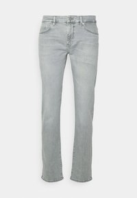 Jeans grigi chiaro in denim, con una vestibilità dritta, cinque tasche e un leggero effetto sbiadito. Nessun accento hardware visibile.