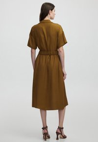 Vestito marrone, lungo fino al ginocchio, con maniche corte, vita smilza e colletto. Tessuto liscio, design semplice senza motivi o accenti.